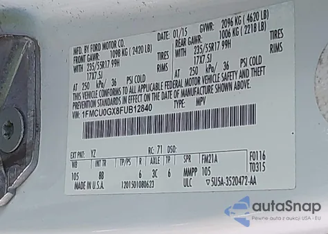 2015 Ford Escape Se from USA, damaged, VIN 1FMCU0GX8FUB12840